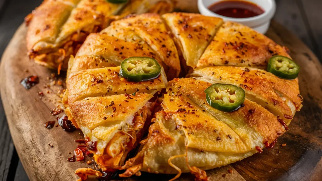 Spicy chicken and cheese jalousie with jalapeños and chili flakes.