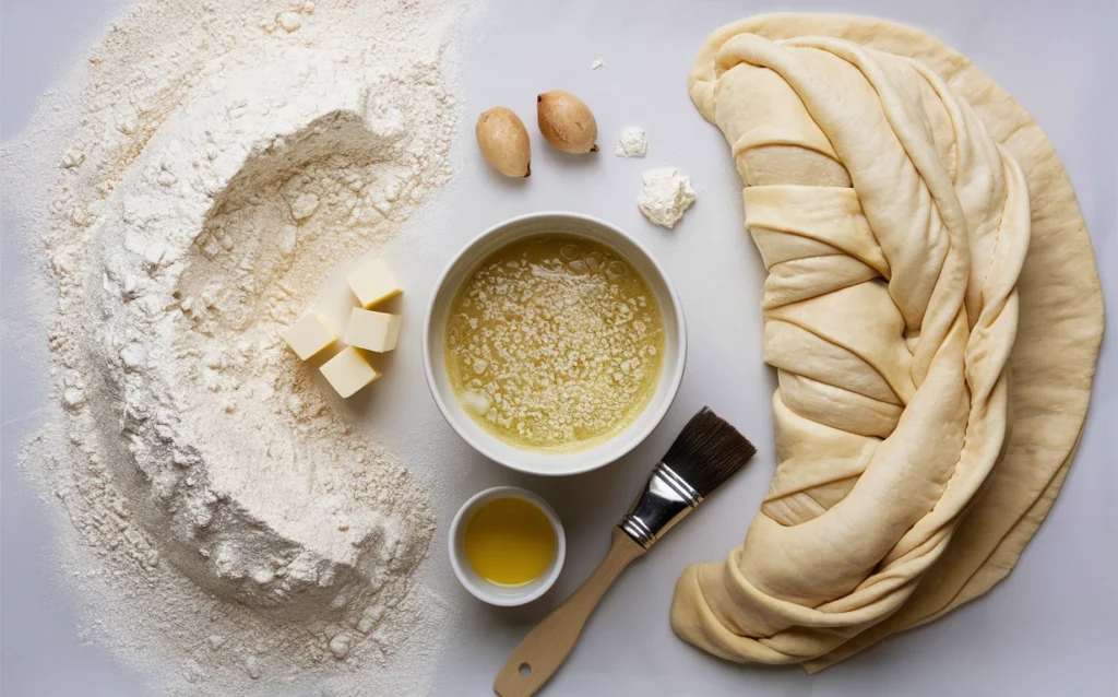 Flour, butter, yeast mixture, and rolling pin on a wooden surface, ready for making Gipfeli dough.