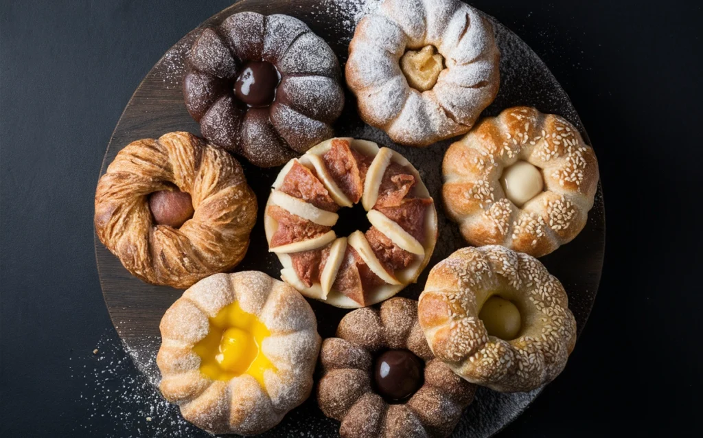 A plate of sweet and savory Gipfeli, including chocolate-filled, almond paste, and ham & cheese variations.