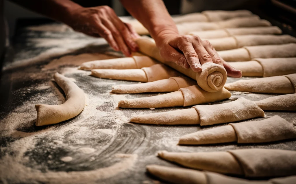 Hands rolling Gipfeli dough into crescent shapes on a floured surface, preparing them for baking.